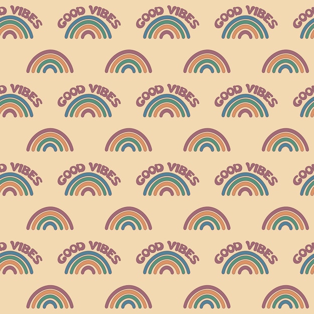Groovy regenbogen patroon Good vibes concept Naadloze trendy retro achtergrond met een glimlach Herhaal vintage patroon Vector illustratie