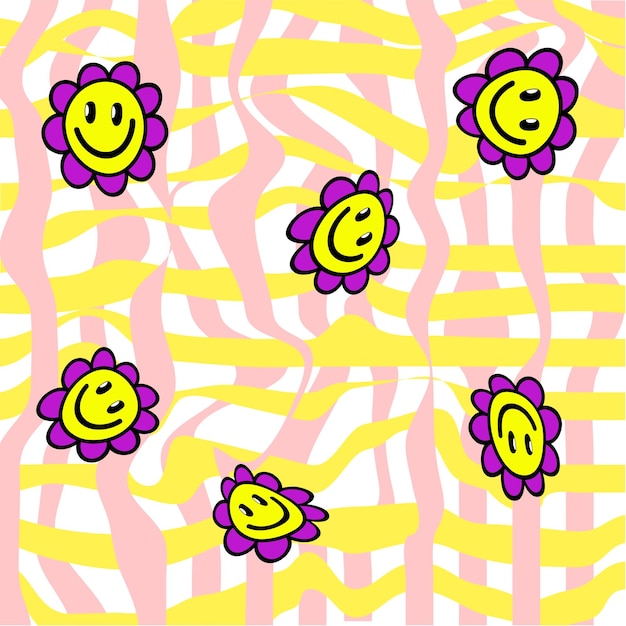 Groovy retro 1970s background with daisy smile Cute psychedelic vector wavy background