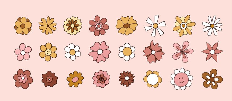 Groovy retro bloemen cartoon personages Sticker pack in trendy trippy stijl met de hand getekend Geïsoleerde vec
