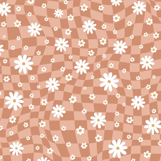 Groovy retro bloemenachtergrond Retro geruite achtergrond Retro jaren '70 geruit behang Daisy bloemen Pastelbeige hippie esthetische print Vectorillustratie