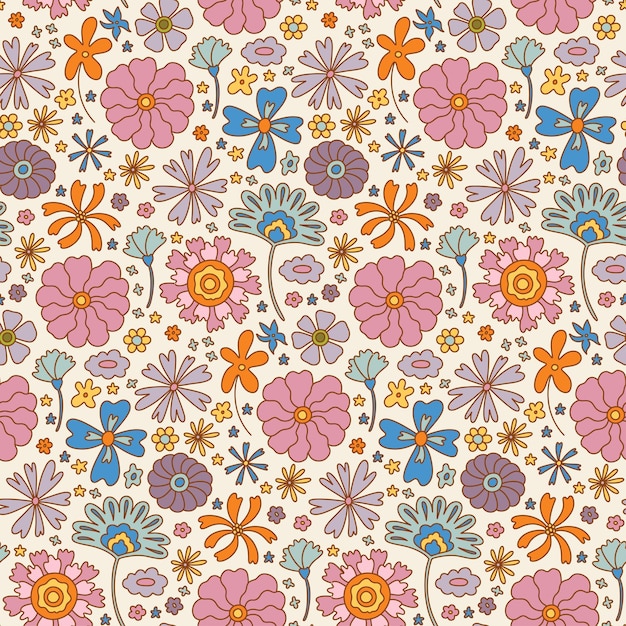 Groovy retro boho flower seamless pattern vintage 70s digital paper Hand drawn flower background