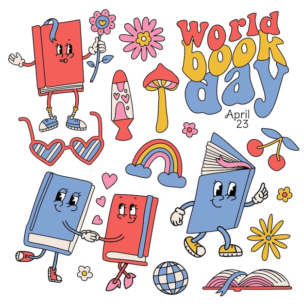 Vector groovy retro cartoon book characters set for world book day collection of elements for reading the books and book festival in 70s style mascots with hands and gloved arms vintage vector design
