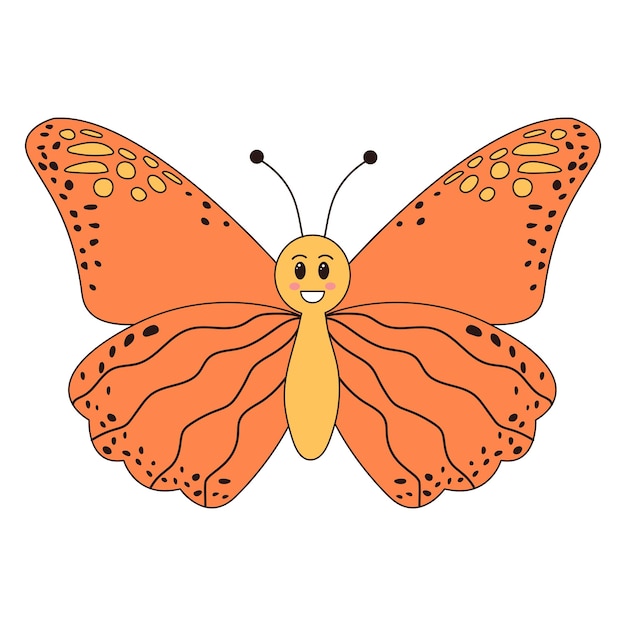 Groovy retro cartoon butterfly character Linear color vector illustration