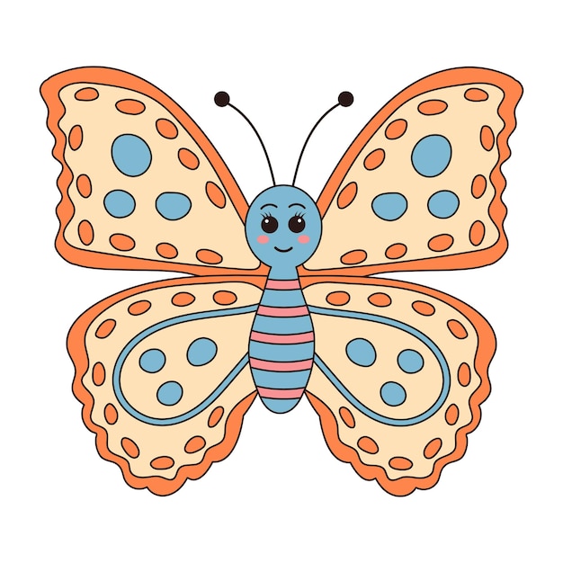 Groovy retro cartoon butterfly character Linear color vector illustration