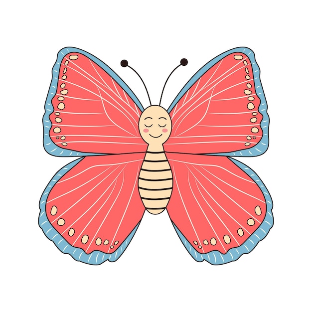 Groovy retro cartoon butterfly character Linear color vector illustration