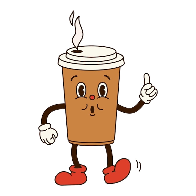 Groovy retro cartoon jumping coffee to go with eyes and gloved hands in style 60s 70s