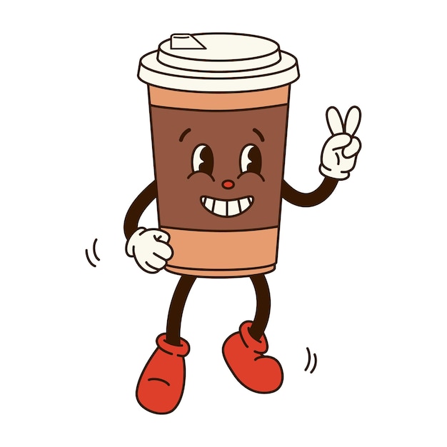 Groovy retro cartoon jumping coffee to go with eyes and gloved hands in style 60s 70s