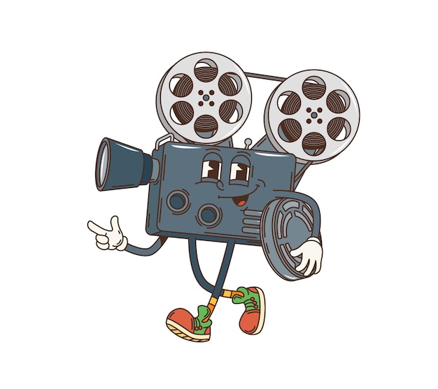 Vector groovy retro cartoon movie camera funky character