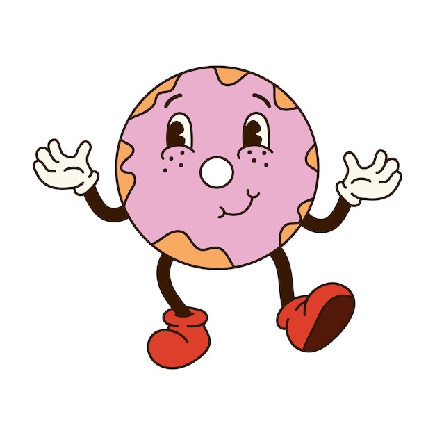 Groovy retro cartoon pink icing donut with eyes and gloved hands in style 60s 70s