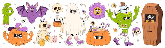 Groovy retro halloween-set funky stripfiguren en elementen