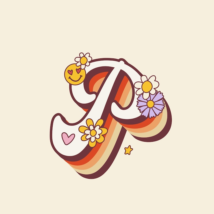 Vector groovy retro hippie stylized initial letter p with flowers seventies letter for nostatgic print or