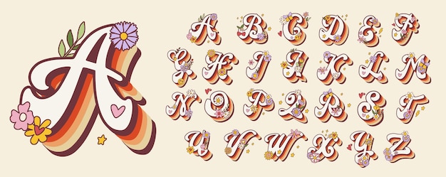 Vector groovy retro hippie trendy alphabet with flowers seventies letter for nostatgic print or poster
