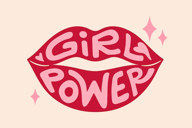 Ретро-ретро-написание Girl power в красной форме губ Ретро-феминистский лозунг 60-х или 70-х годов для футболки плакатов или карт женщины гламурный лозунг красоты