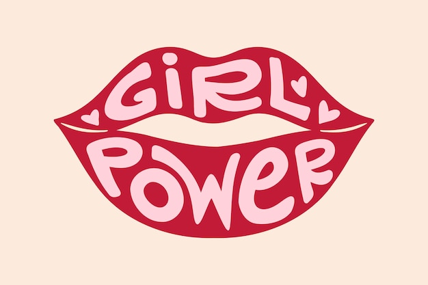 Ретро-ретро-написание Girl power в красной форме губ Ретро-феминистский лозунг 60-х или 70-х годов для футболки плакатов или карт женщины гламурный лозунг красоты