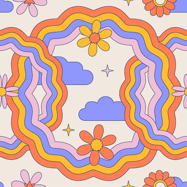 Vector groovy retro naadloos patroon met golvende ronde regenboog bloemen wolken contour geometrische vector