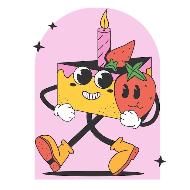 Groovy retro piece of cake holds strawberries Character cartoon funny cake