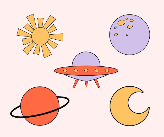 Groovy retro stickers in 1970 style Set of Vector illustrations from 60s isolated on white background Moon sun planet and ufo in flat style