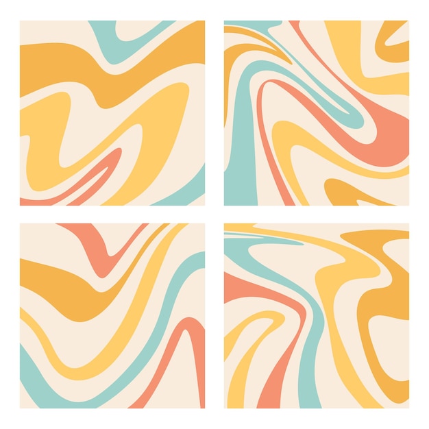 Groovy retro swirl background set psychedelic square banner vector illustration