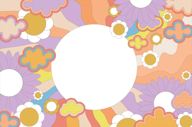 Groovy retro swirl sunburst with rays or stripes and flowers and circle frame in the center retro 60s 70s Clouds Summer sunshine and carnival background Pastel color