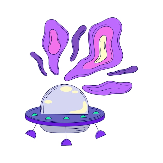 Groovy retro trippy alien ufo isolated Retro groovy magic ufo with smoke Acid neon hippy vector Trippy psychedelic design