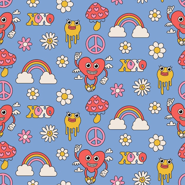 Groovy ретро день святого валентина любовь и сердца талисманы бесшовный узор цифровой бумаги повторяющиеся фоны