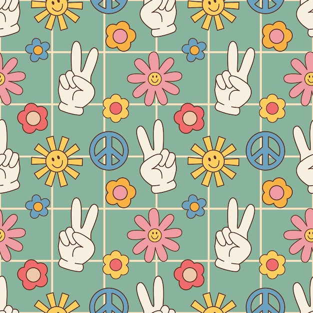 Vector groovy seamless pattern flowers sun retro hippie style floral vector background of the 60s 70s 80s