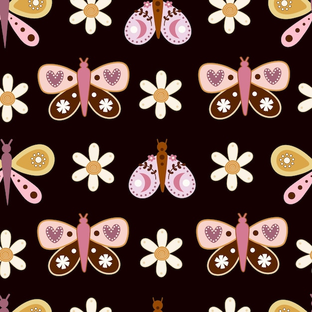 groovy seamless pattern with cartoon butterflies, flowers