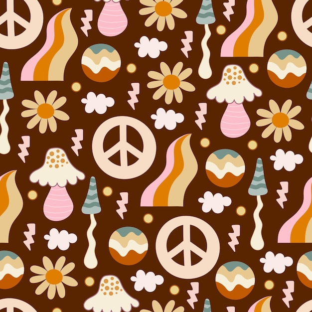 Vector groovy seamless pattern with cartoon mushroom, rainbows, clouds, flowers