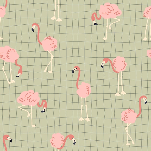 Groovy seamless pattern with flamingo on grid distorted background Hippie aesthetic print for fabric paper Tshirt Doodle vector illustration for decor and design