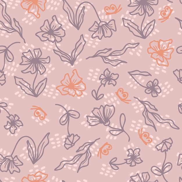 Vector groovy seamless pattern with flowers and butterflies on spotted background for fabric paper tshirt