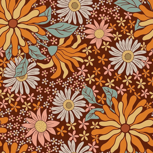 Groovy seamless pattern with flowers