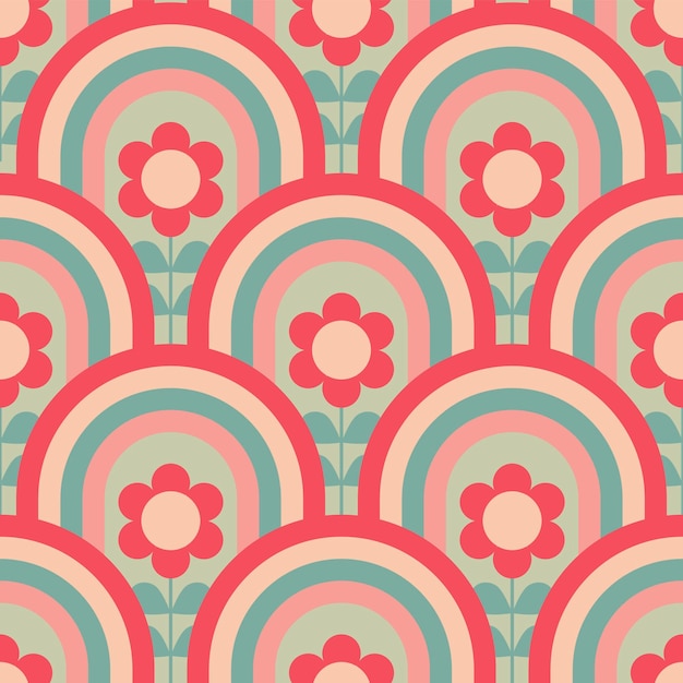 Groovy seamless pattern with geometric shapes and flowers