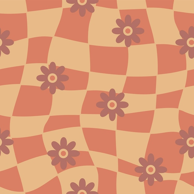Groovy seamless pattern with geometric shapes and flowers