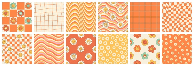 Vector groovy seamless patterns with funny happy daisy wave chess rainbow in trendy retro 70s style