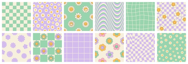 Vector groovy seamless patterns with funny happy daisy wave chess rainbow in trendy retro y2k style