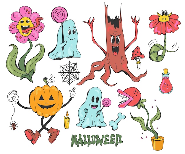 Groovy set of colourful elements for Halloween in retro cartoon style Cute pumpkin and ghost hold