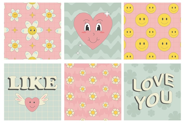 Groovy set pattern and backgroundheart smile в мультяшном стиле ss