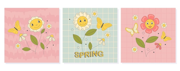 Groovy  set of posters with hippie flowers daisies and butterflies and text spring