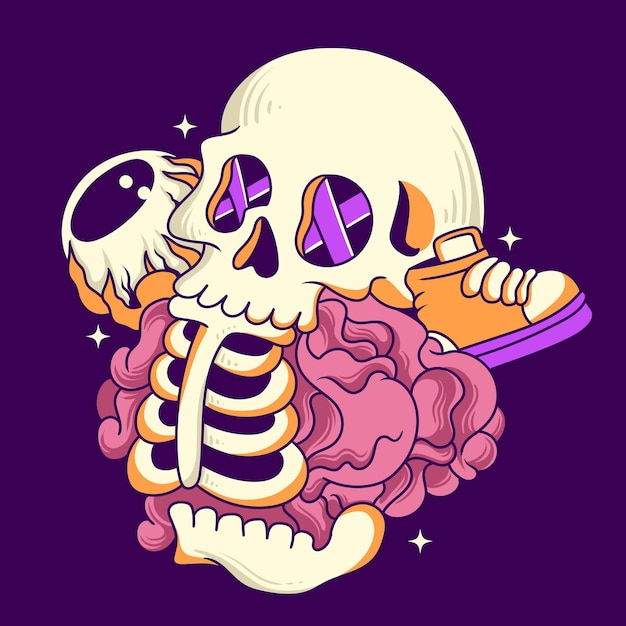 groovy skeleton with clouds with 90s background