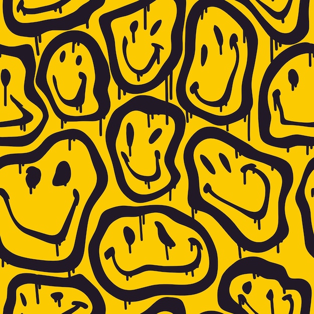 Groovy smile seamless pattern in urban street art style on yellow background graphic unisex design