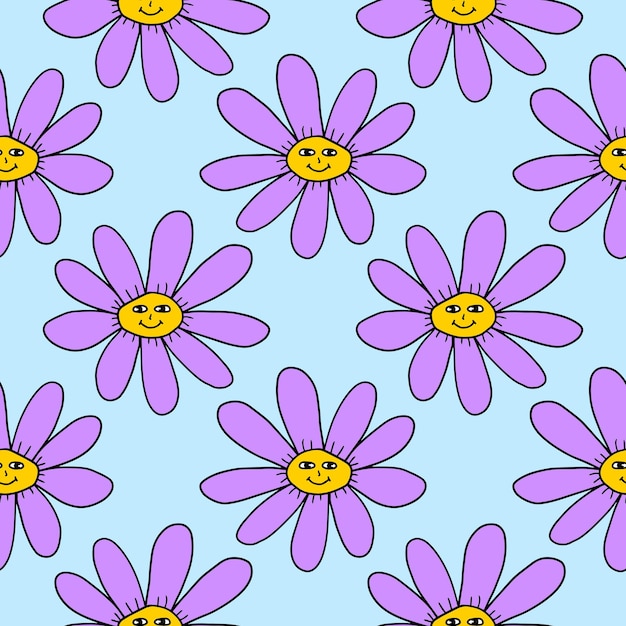 Groovy Smiley Flower. Hippie seamless pattern. Positive 70s retro smiling daisy flower print.