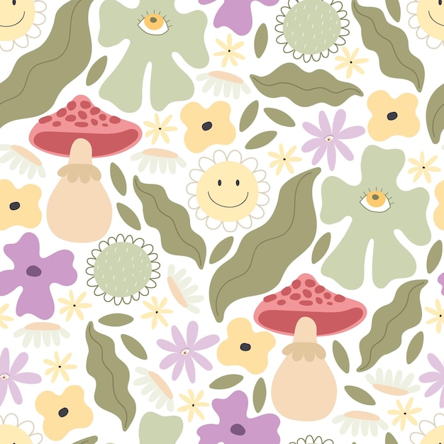 Vector groovy springseamless pattern with cartoon flowers mushrooms peace sign retro style