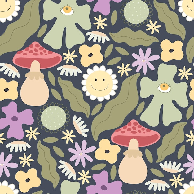 groovy springseamless pattern with cartoon flowers mushrooms peace sign