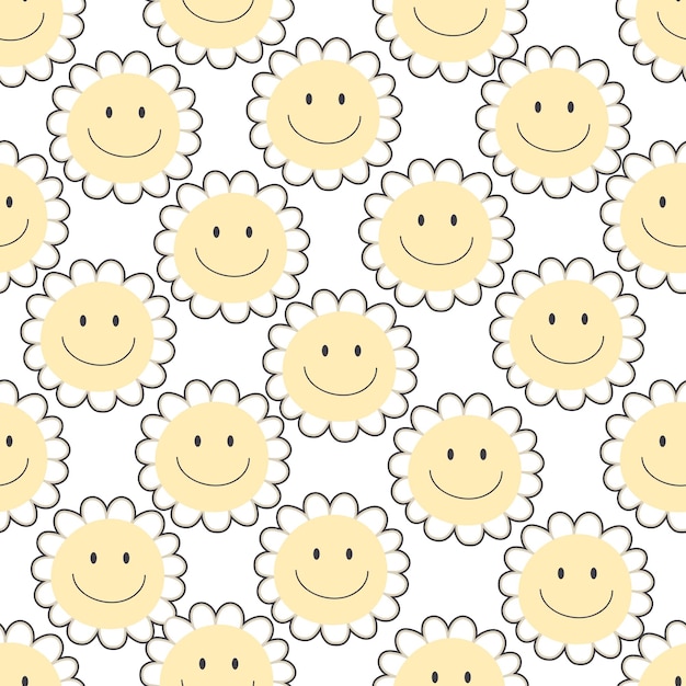 groovy springseamless pattern with cartoon flowers retro style