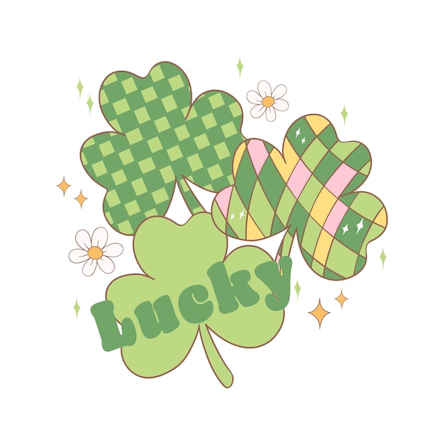 Groovy St. Patrick's Day klaverbladeren met gelukkige shamrock cartoon doodle tekening