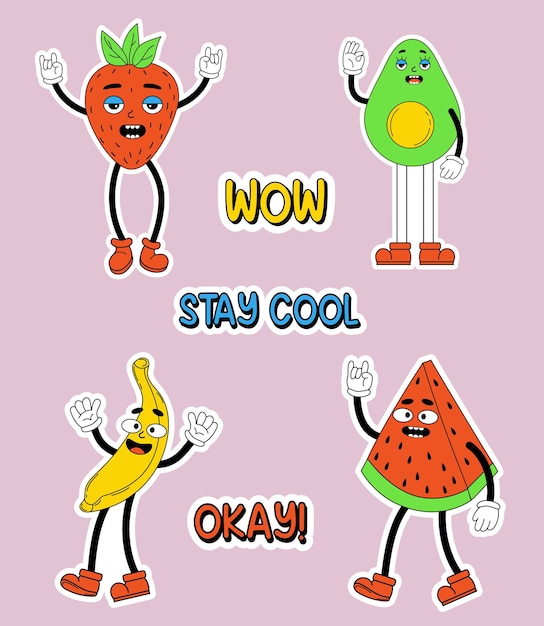 Groovy stickers Retro cartoon funny characters fruit with gloved hands Comic trendy cool style