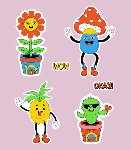 Groovy stickers Retro cartoon funny comic characters fruit with gloved hands and feet Trendy cool