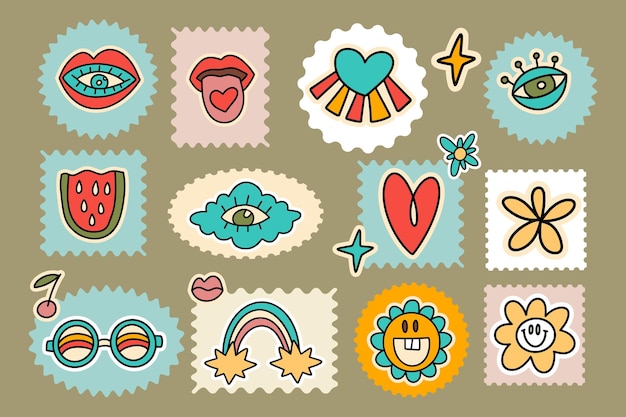 Vector groovy stickerset postzegel, hart wolk oog, retro bloem hippie 70s disco