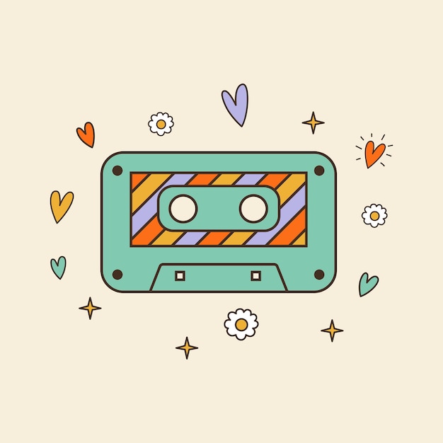 Groovy stijl audiocassette met bloemen en harten 80s 90s vibes sticker Retro muziekapparatuur