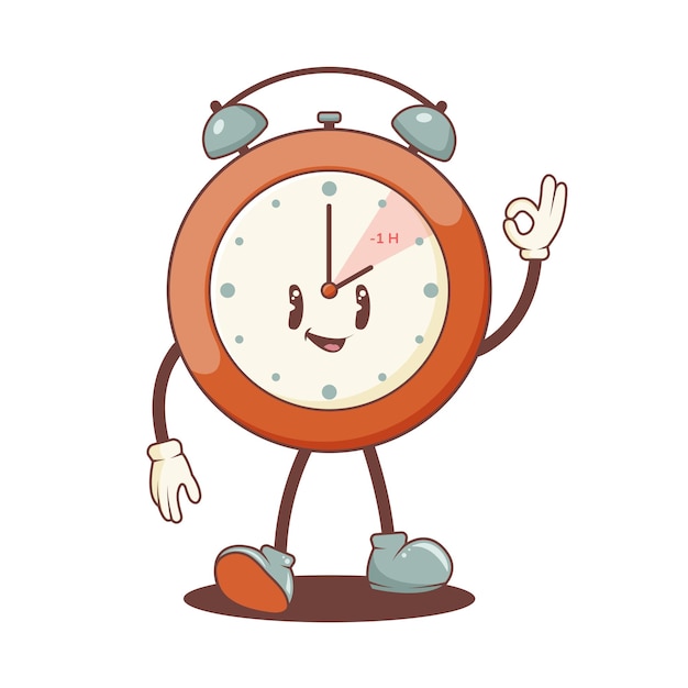 Groovy style clock character Fall back Daylight saving time end